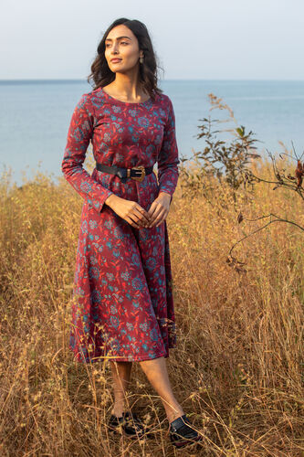 Coral Jacquard Flared Slip-On Dress, Coral, image 1