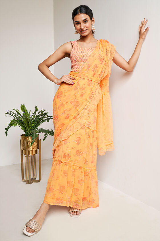 Orange Floral Fit & Flare Stitched Saree, Orange, image 2