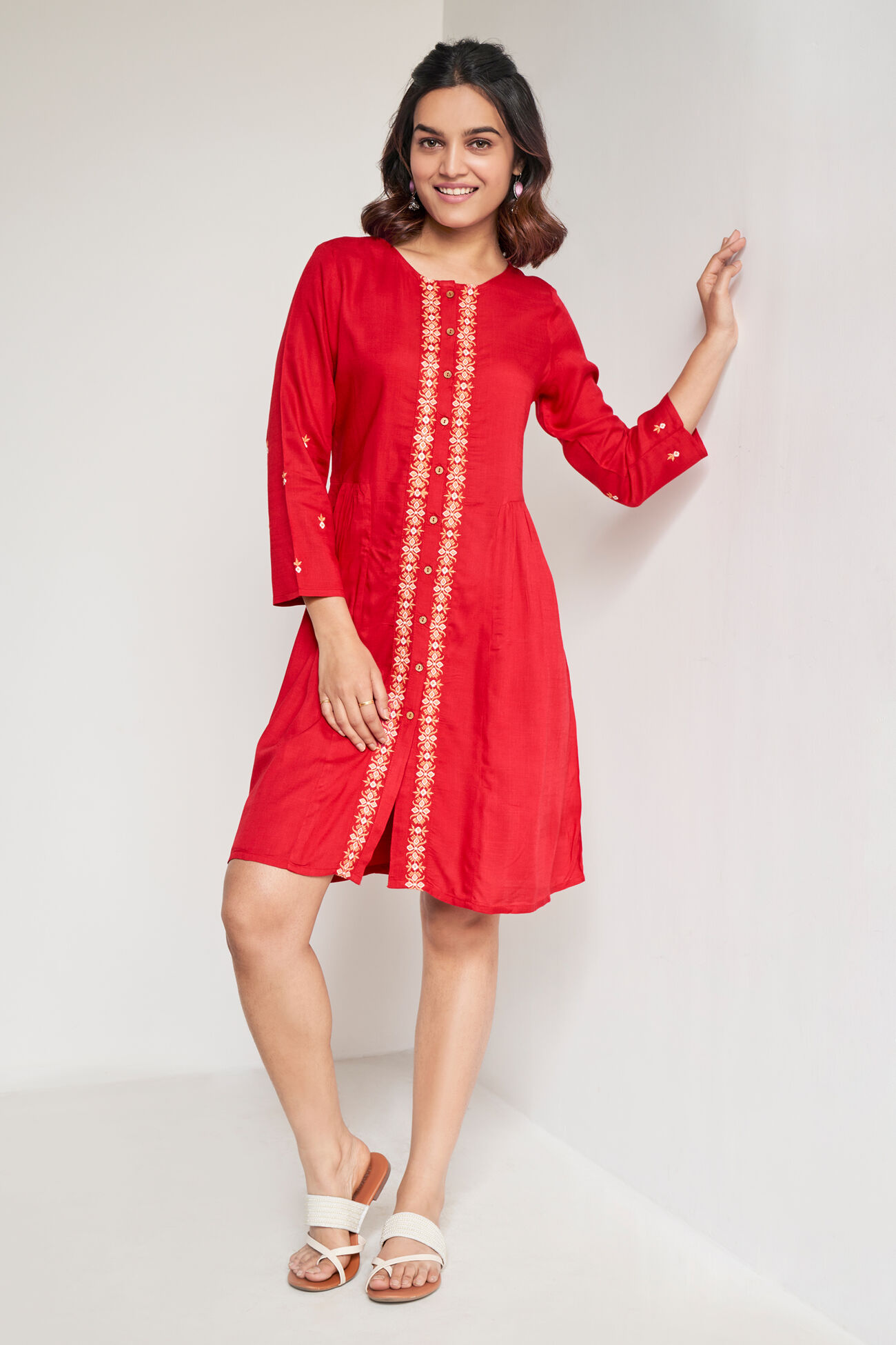 Red Solid Embroidered Fit And Flare Tunic, Red, image 2