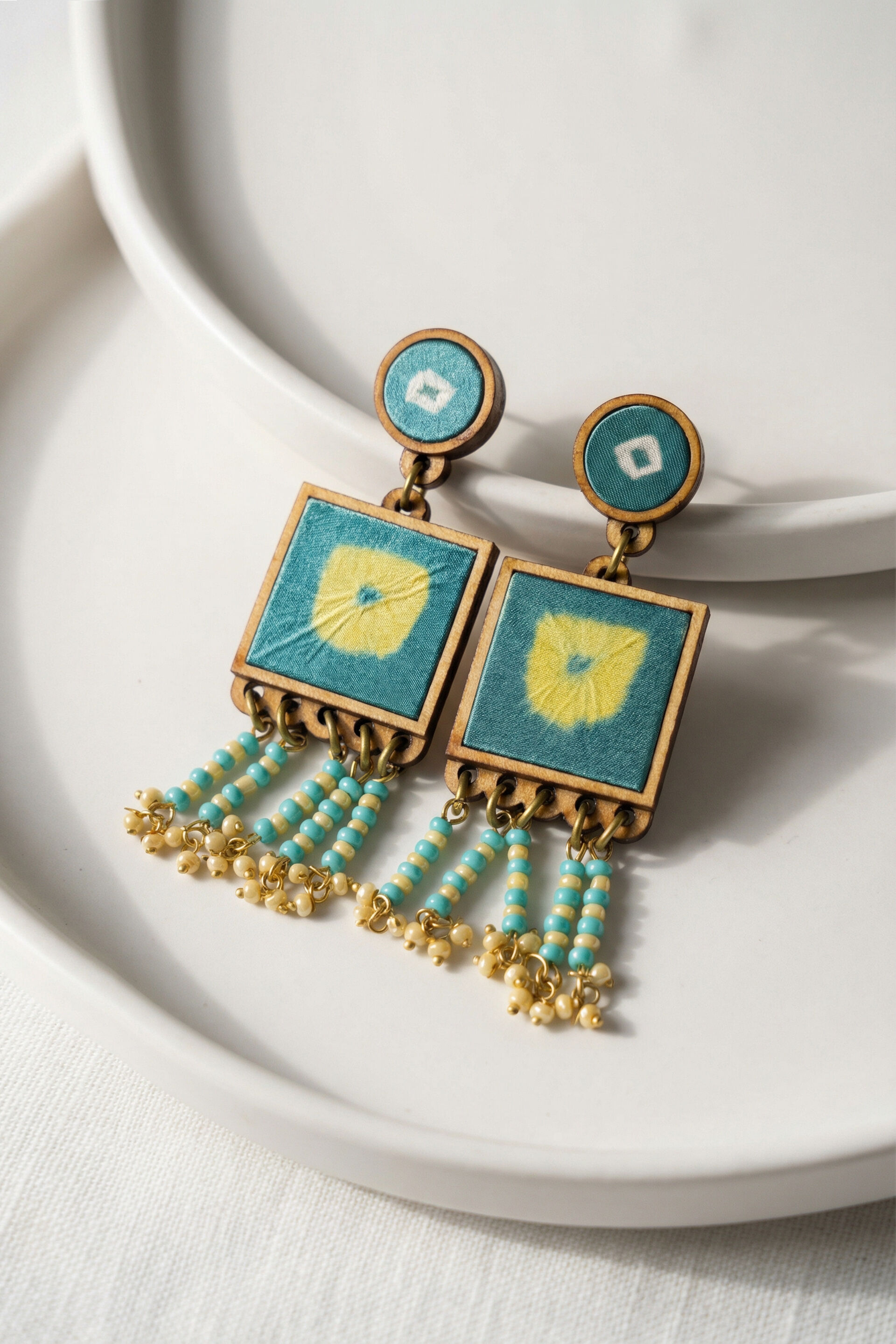 Teal Frame Tassel Earrings, , image 2