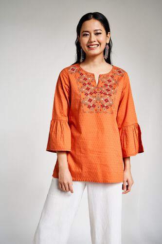 2 - Rust Embroidered Tie-Up Neck A-Line Top, image 2
