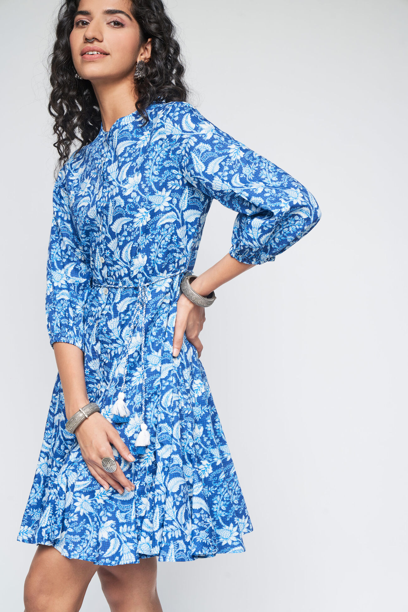 Blue Floral Gathered Shirt Style Dress, Blue, image 1