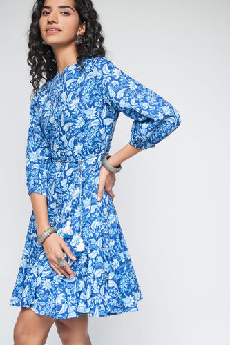 Blue Floral Gathered Shirt Style Dress, Blue, image 1