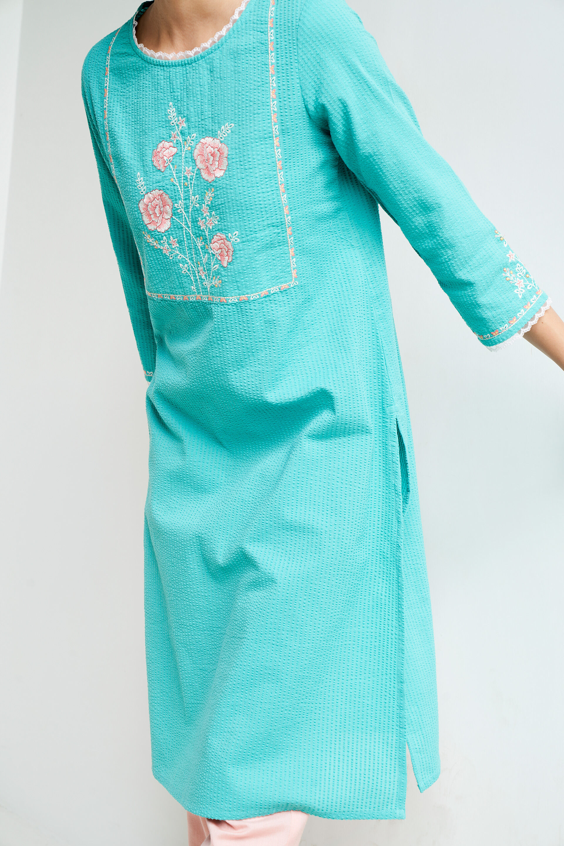 Aqua Solid Embroidered Straight Kurta, Aqua, image 5