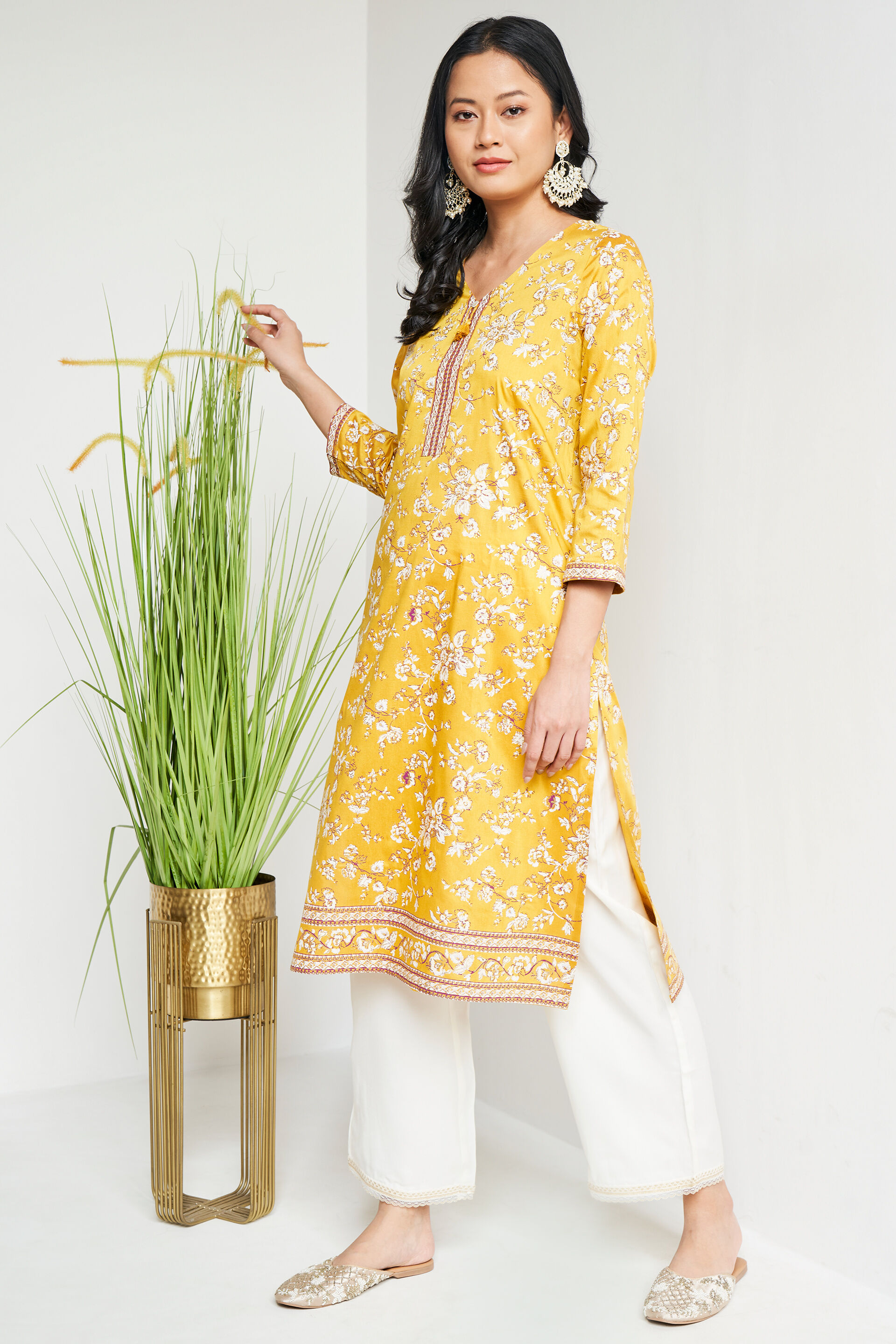 Mustard Floral Tie-Ups Straight Kurta, Mustard, image 4