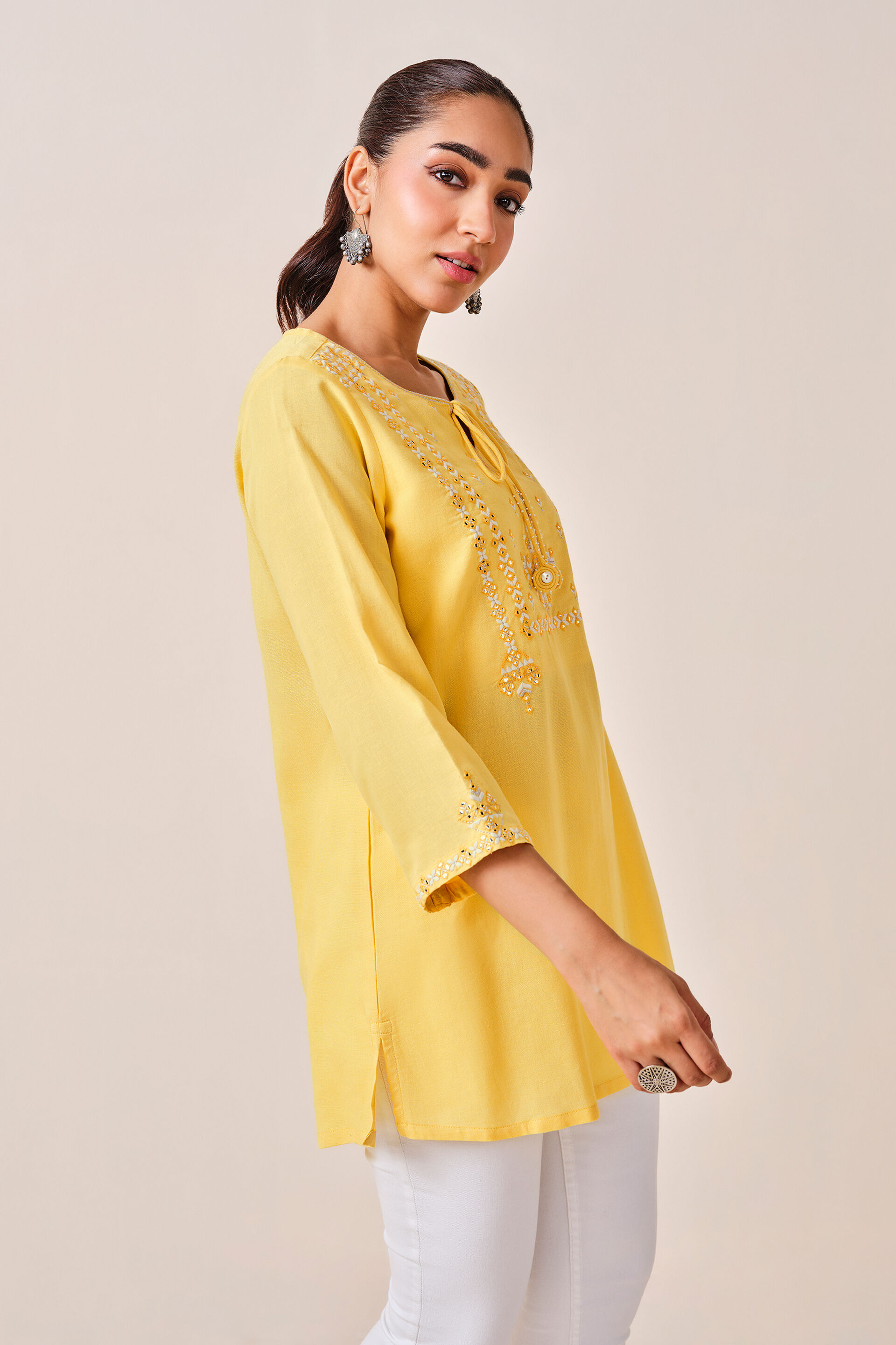Mustard Embroidered Viscose Top, Mustard, image 3