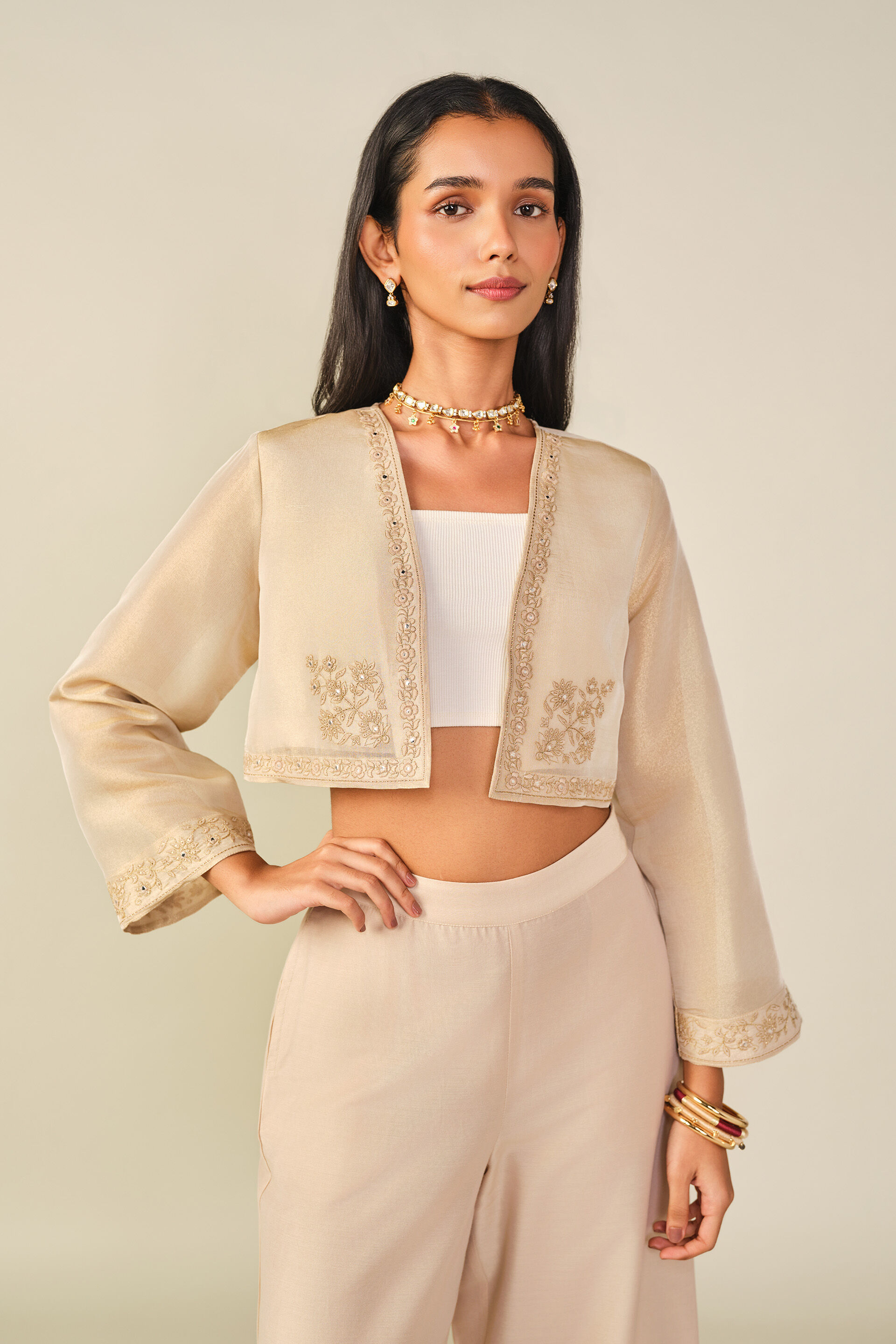 Embroidered Bomber Shrug in Beige