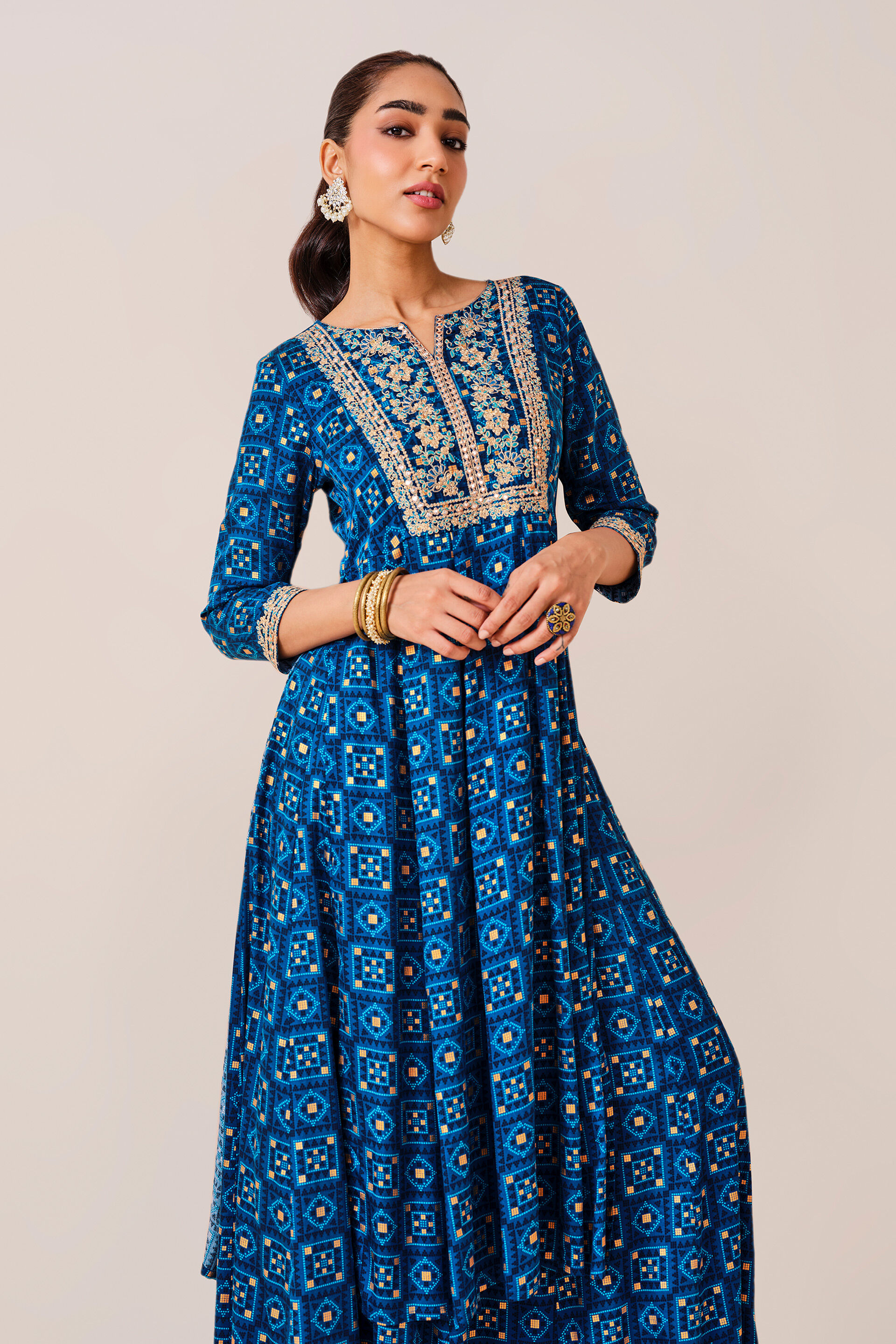 Blue embroidered Kurta - Skirt Set, Blue, image 6