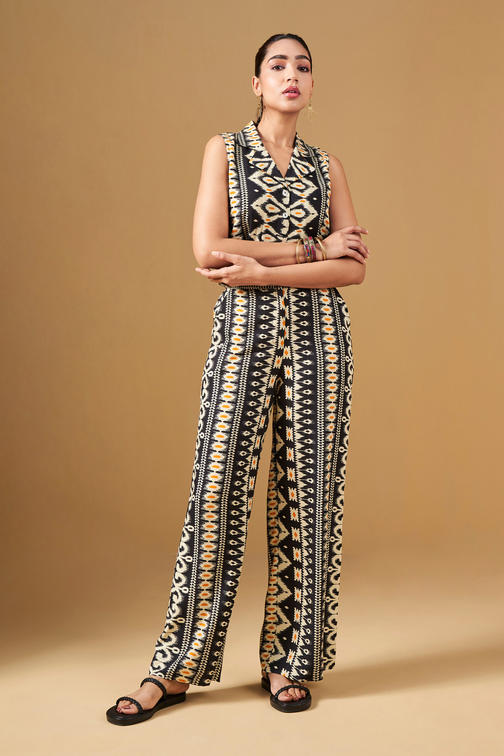 Ikat Print Viscose Cropped Co-Ord, Black, image 2