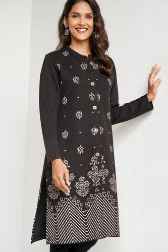 Black Ethnic Motifs Straight Button Jacket, Black, image 1