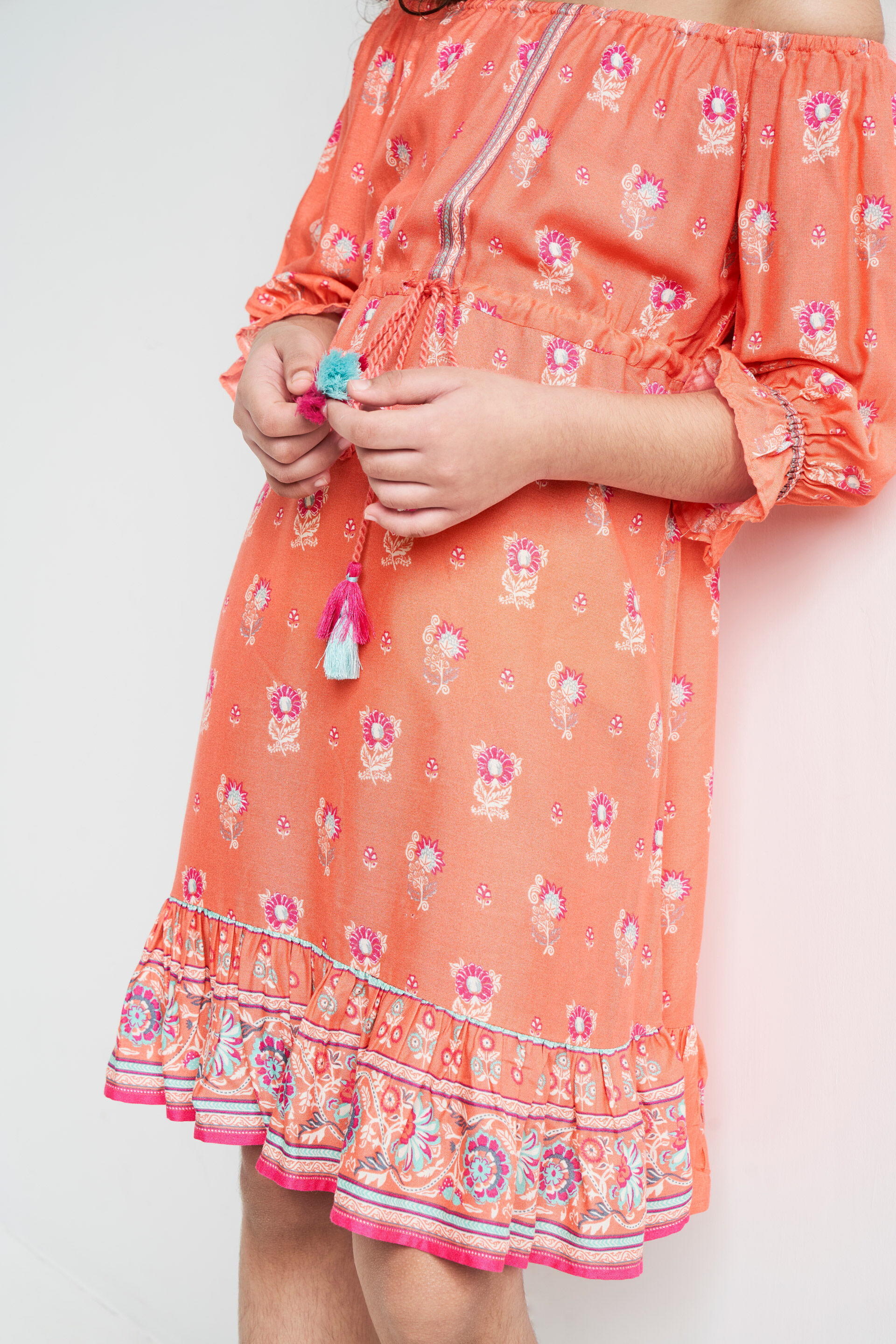 Coral Self Design Flounce Dress, Coral, image 6