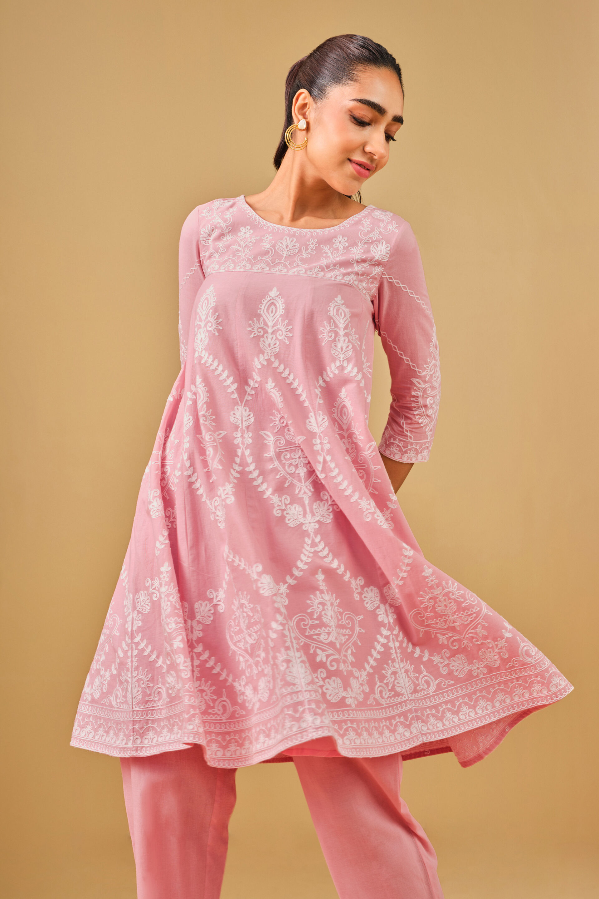 Pink Embroidered Cotton Kurta Set, Pink, image 5