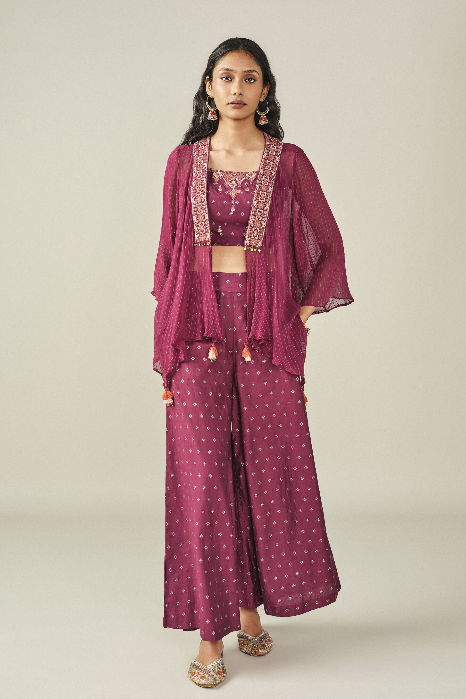 Embroidered Shrug Set in Wine