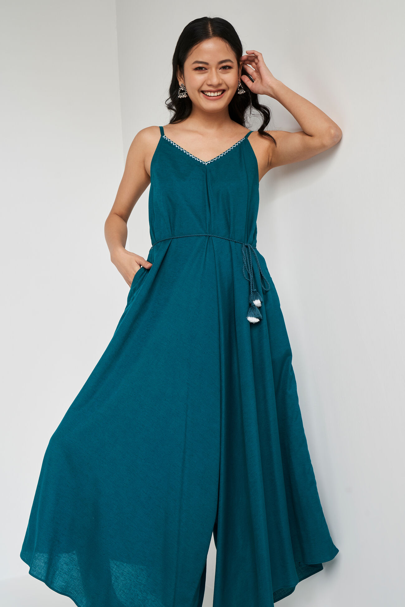 Teal Solid Flared Jump Suit, Teal, image 1