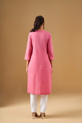 Ethnic Floral Embroidered Cotton Kurta, Coral, image 4