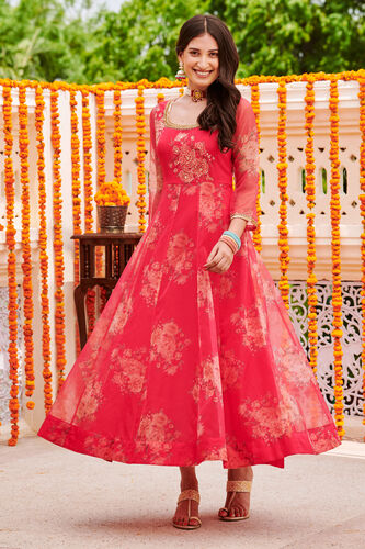 Red Floral Flared Gown, Red, image 4