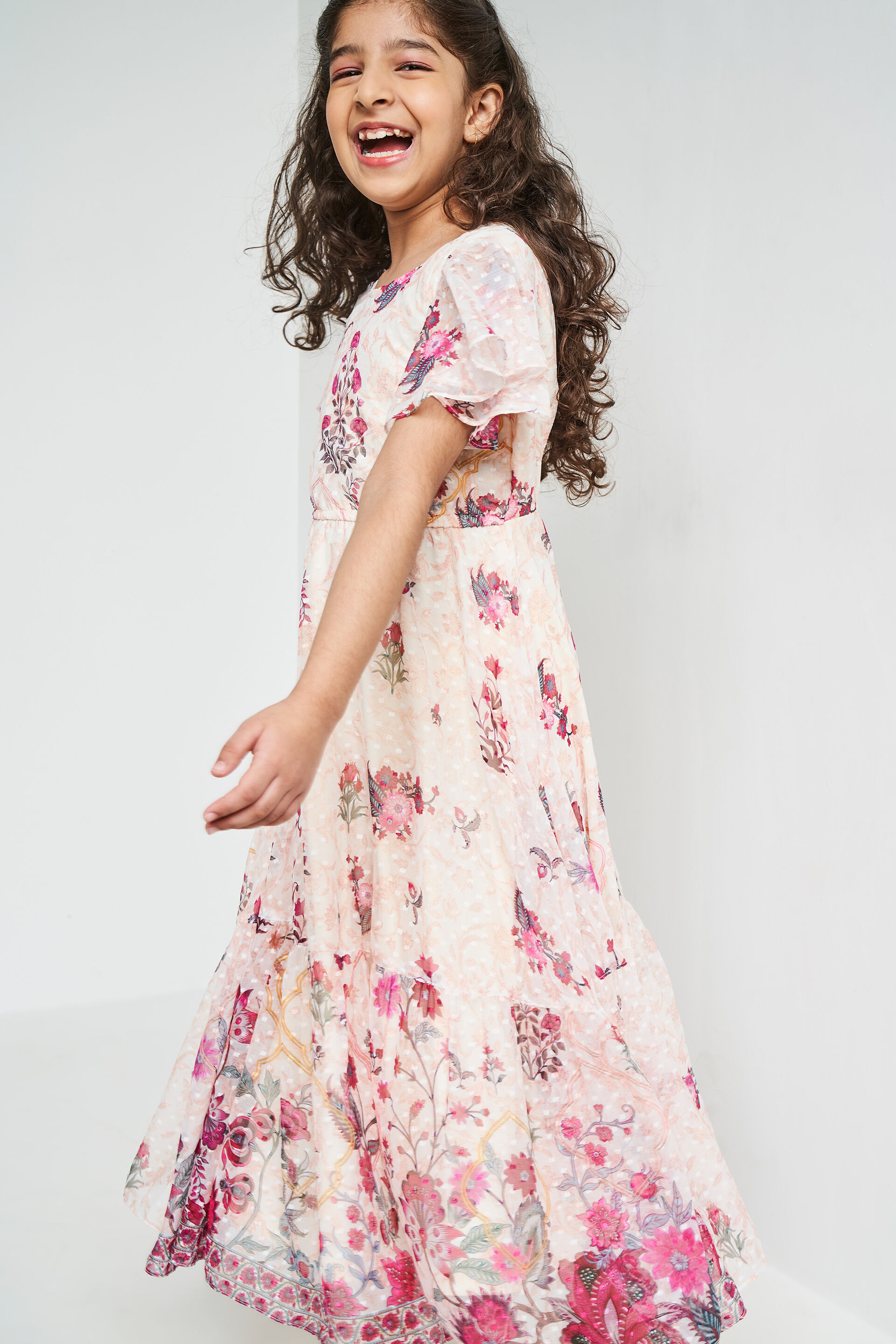 Peach Floral Flared Gown, Peach, image 3