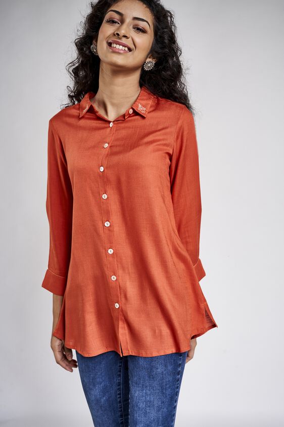 3 - Burnt Orange Solid Embroidered Shirt Style Top, image 3