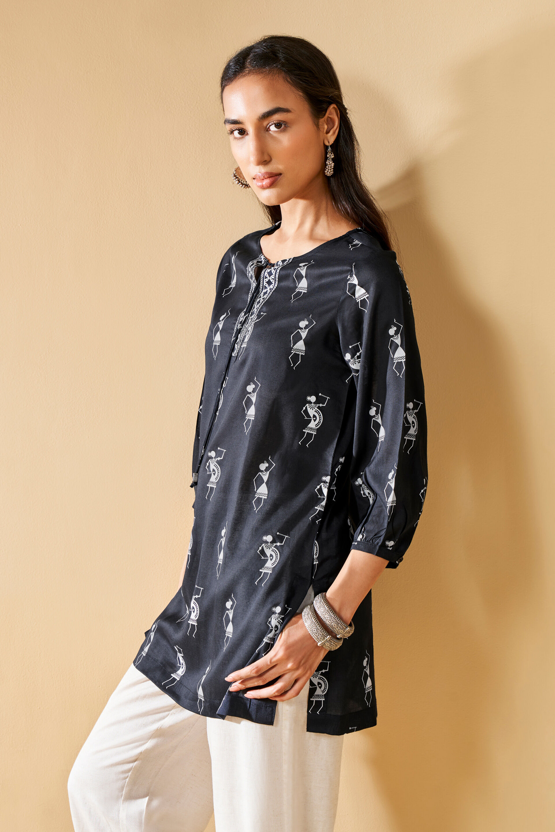Warli Inspired Tunic, Black, image 2