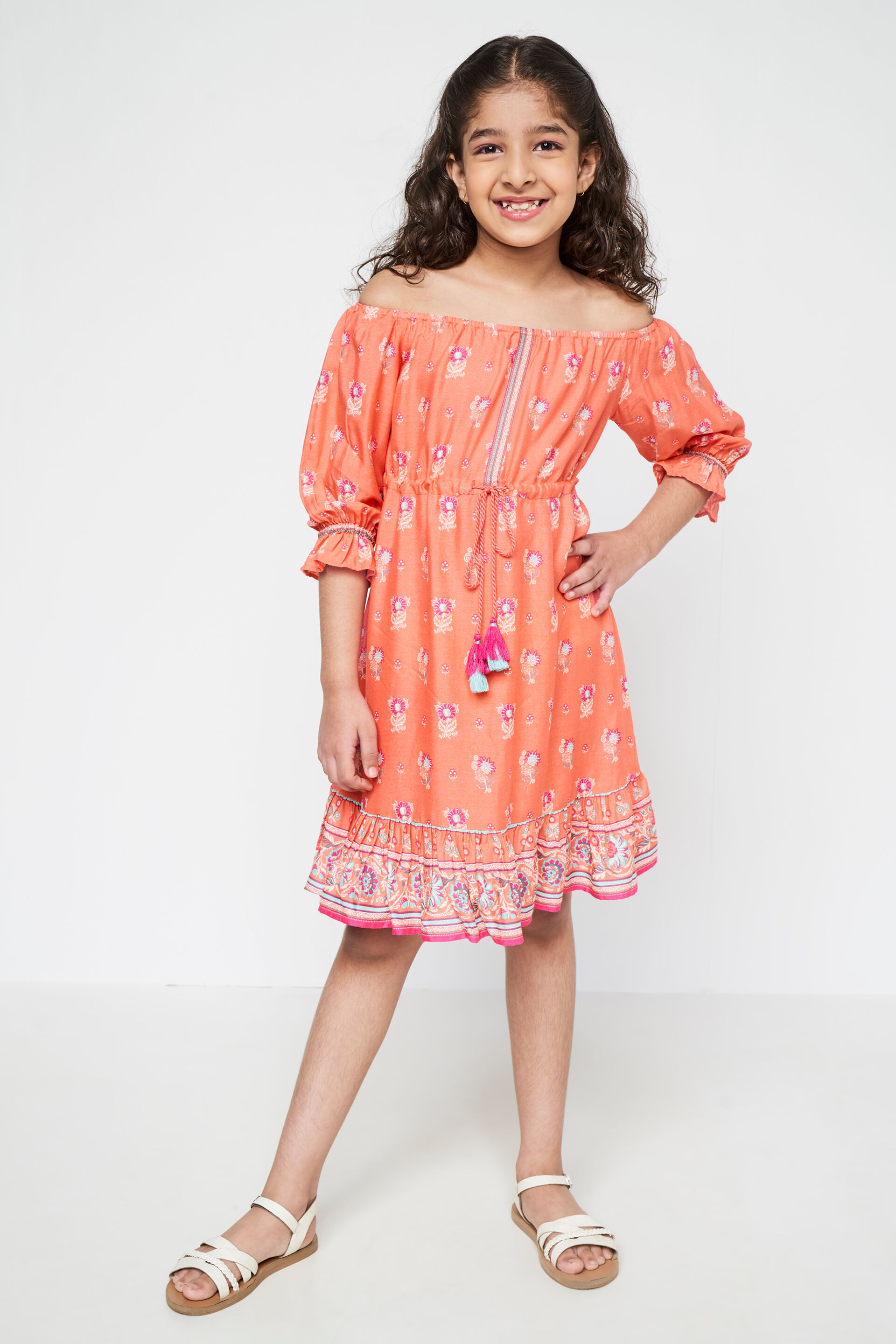 Coral Self Design Flounce Dress, Coral, image 2