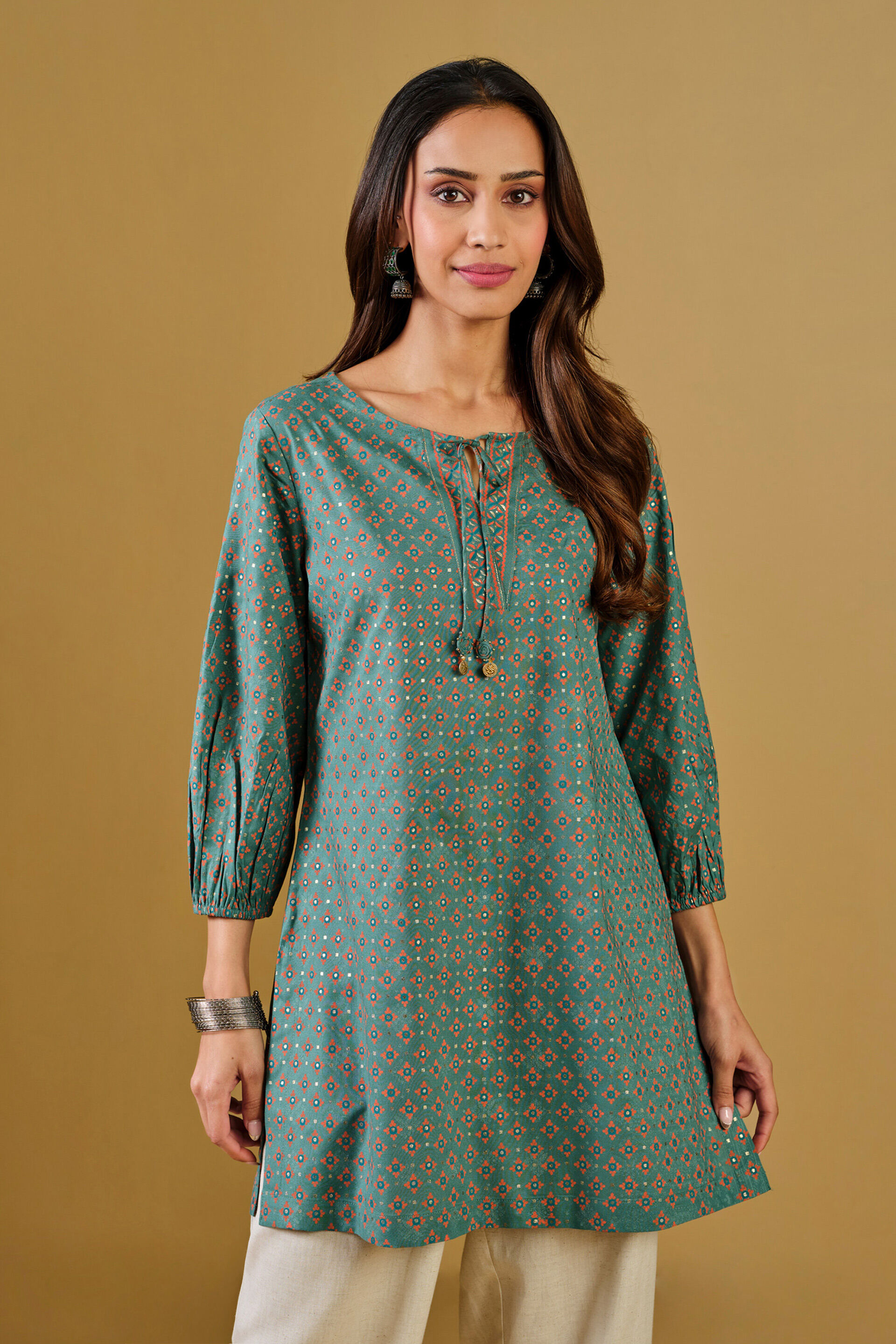 Green Floral Viscose Tunic, Green, image 2