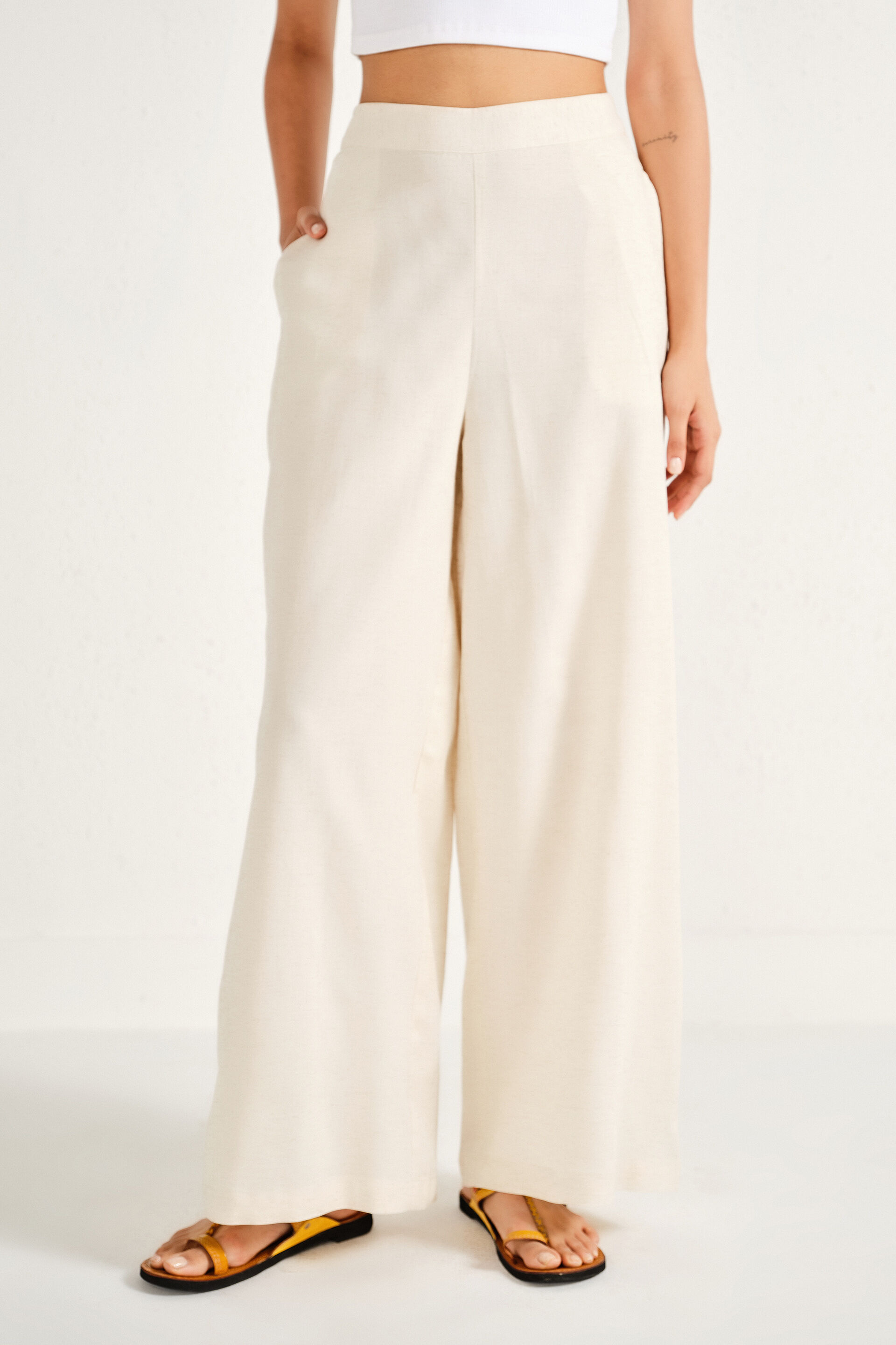 Natural Linen-Blend Palazzo Pants