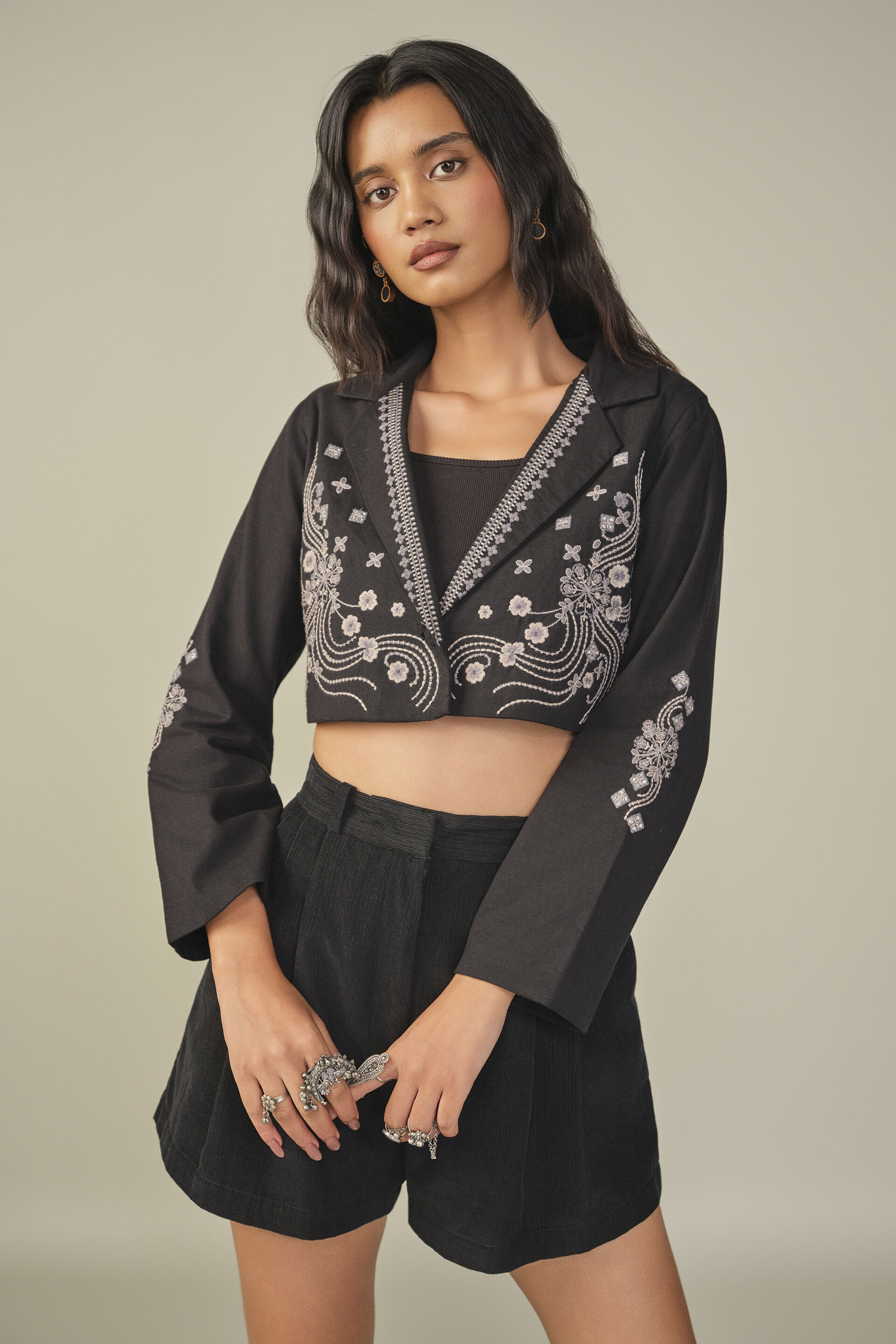 Embroidered Crop Jacket in Black