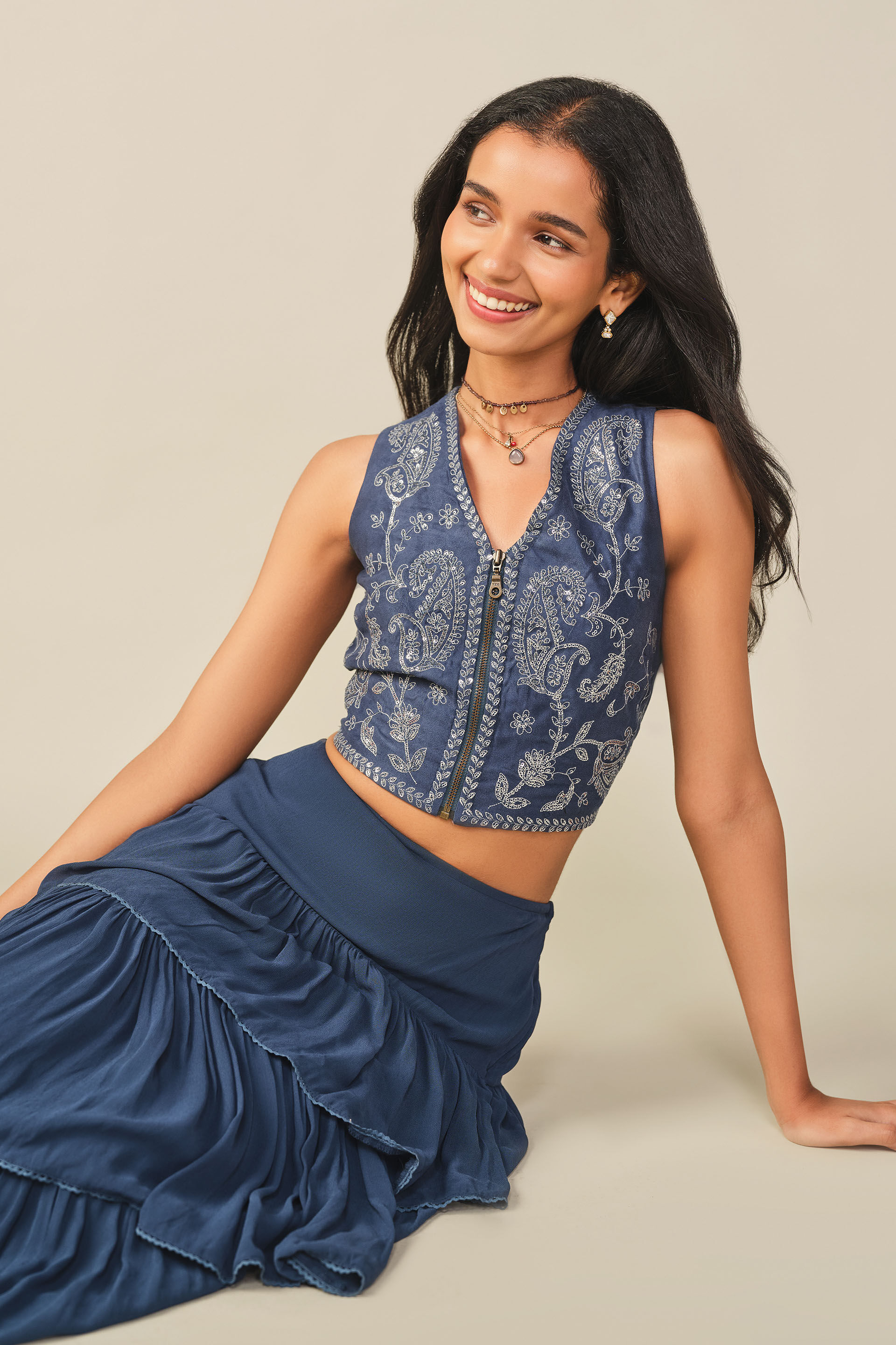 Tiered Solid Skirt in Blue, Blue, image 4