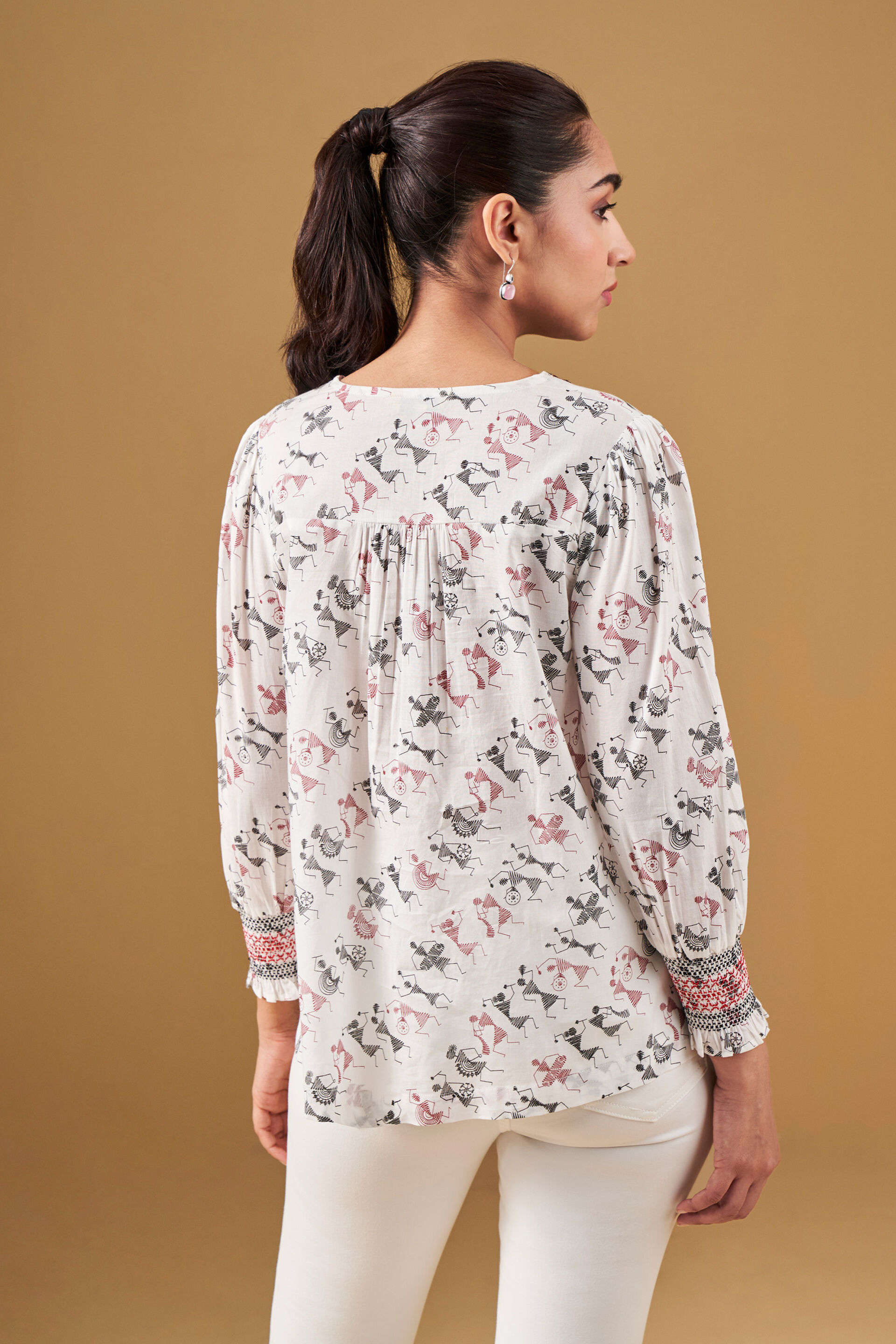 Warli Print Inspired Cotton Top, White, image 5
