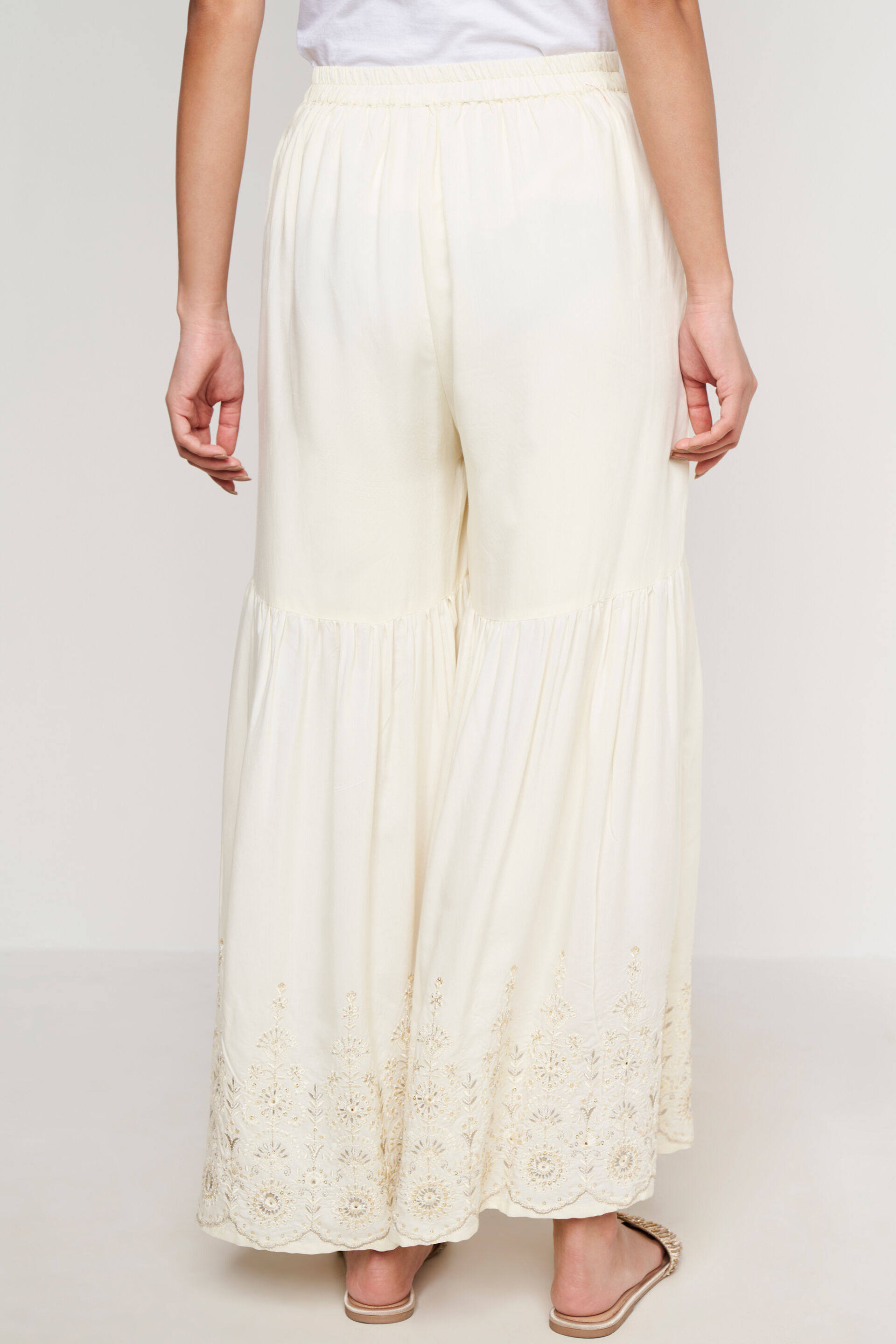 Off White Glaze Cotton Sharara With Mirror Embroidery At Hem | LELA By  Varija