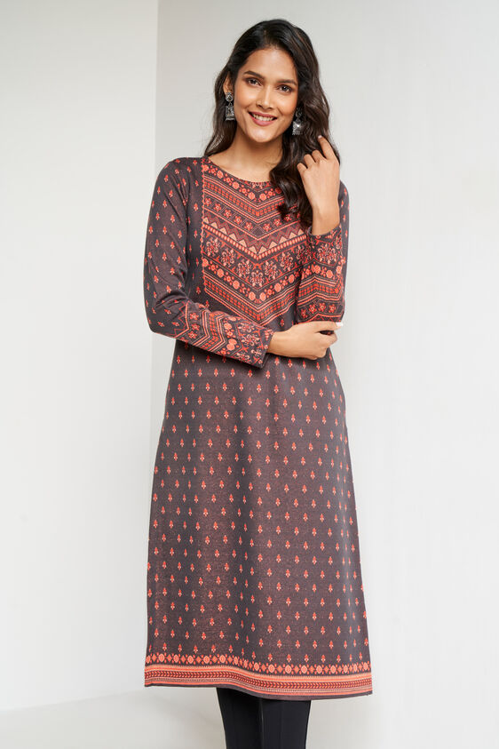 Brown Jacquard Straight Slip-On Kurta, Brown, image 4