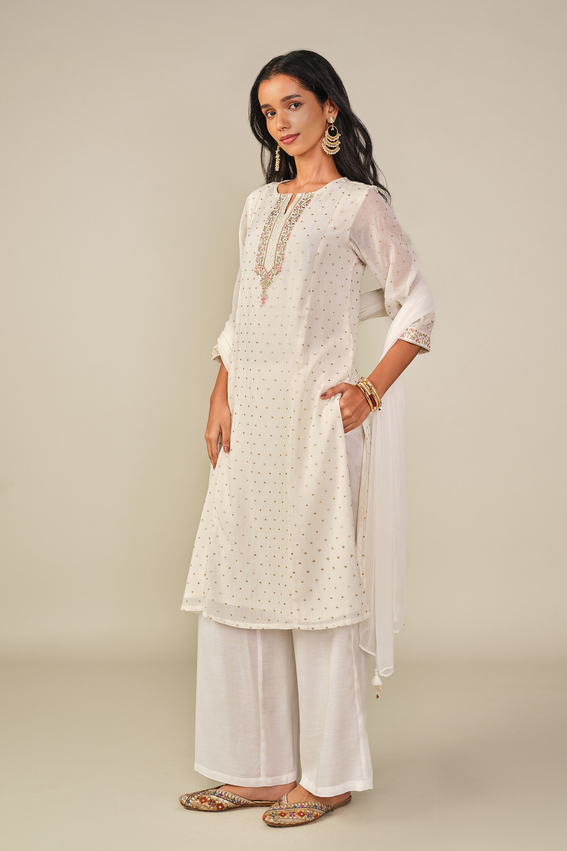 Embroidered Kurta Set in White, White, image 3