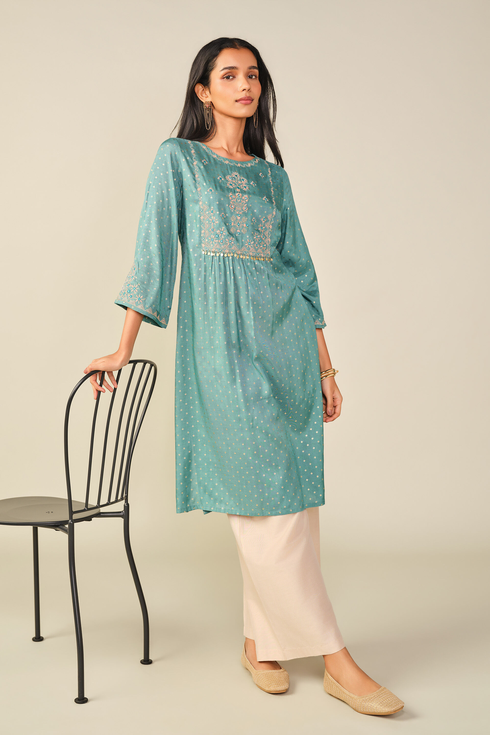 A-Line Embroidered Kurta in Teal, Teal, image 3