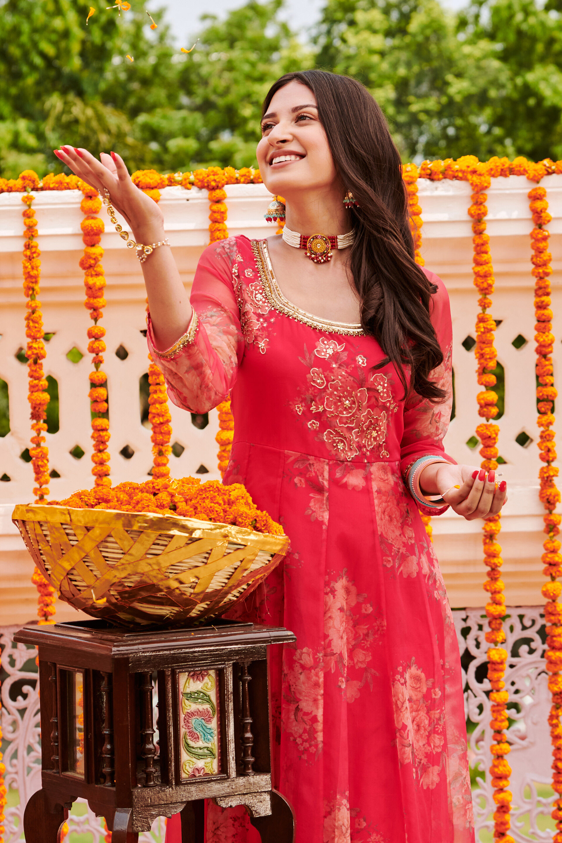 Buy Red Floral Flared Gown Online at Best Price at Global Desi