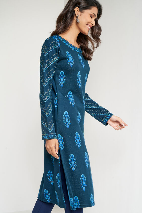 Blue Jacquard Straight Slip-On Kurta, Blue, image 5