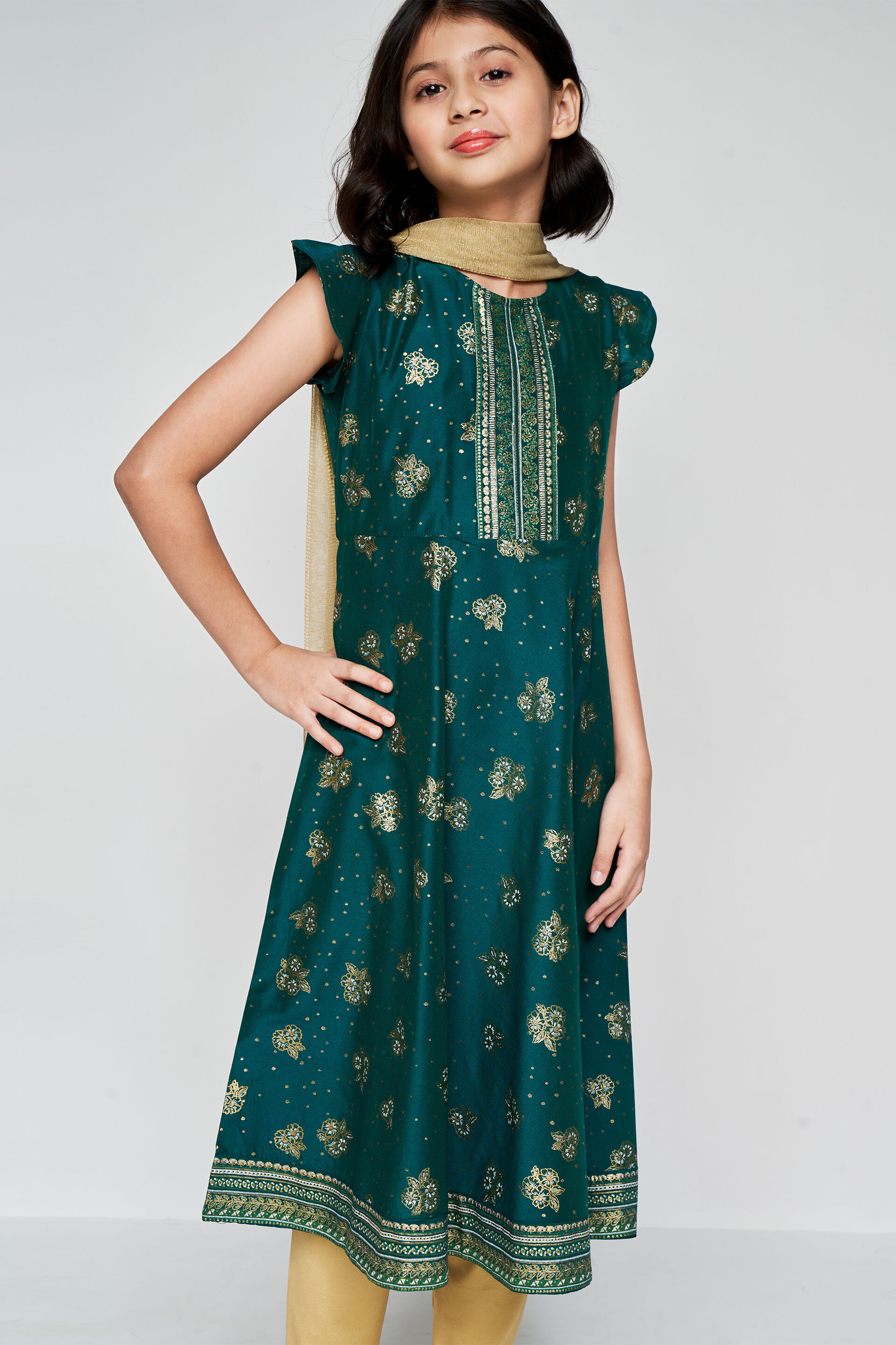 Green-Gold Festive Kurta Set, Green, image 4