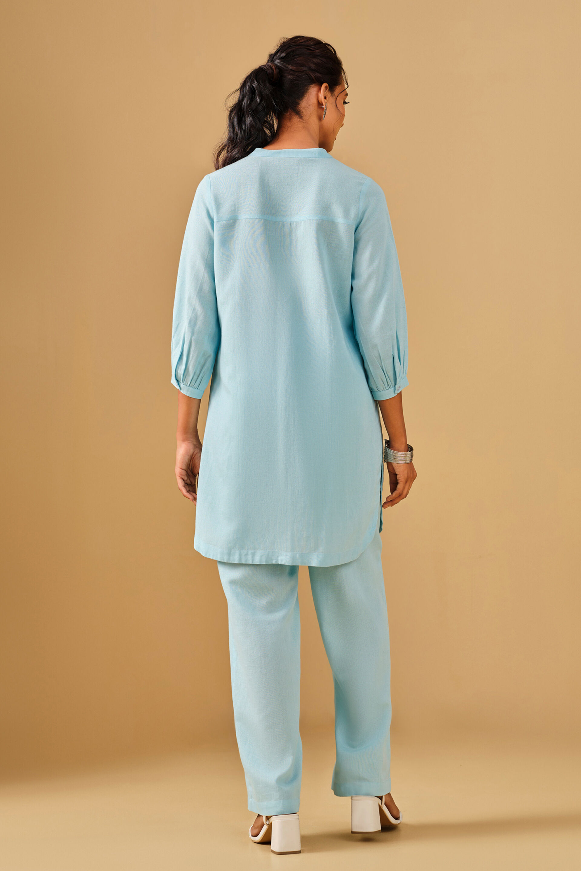 Embroidered Mandarin Collar Viscose Blend Blue Kurta Set, Blue, image 7