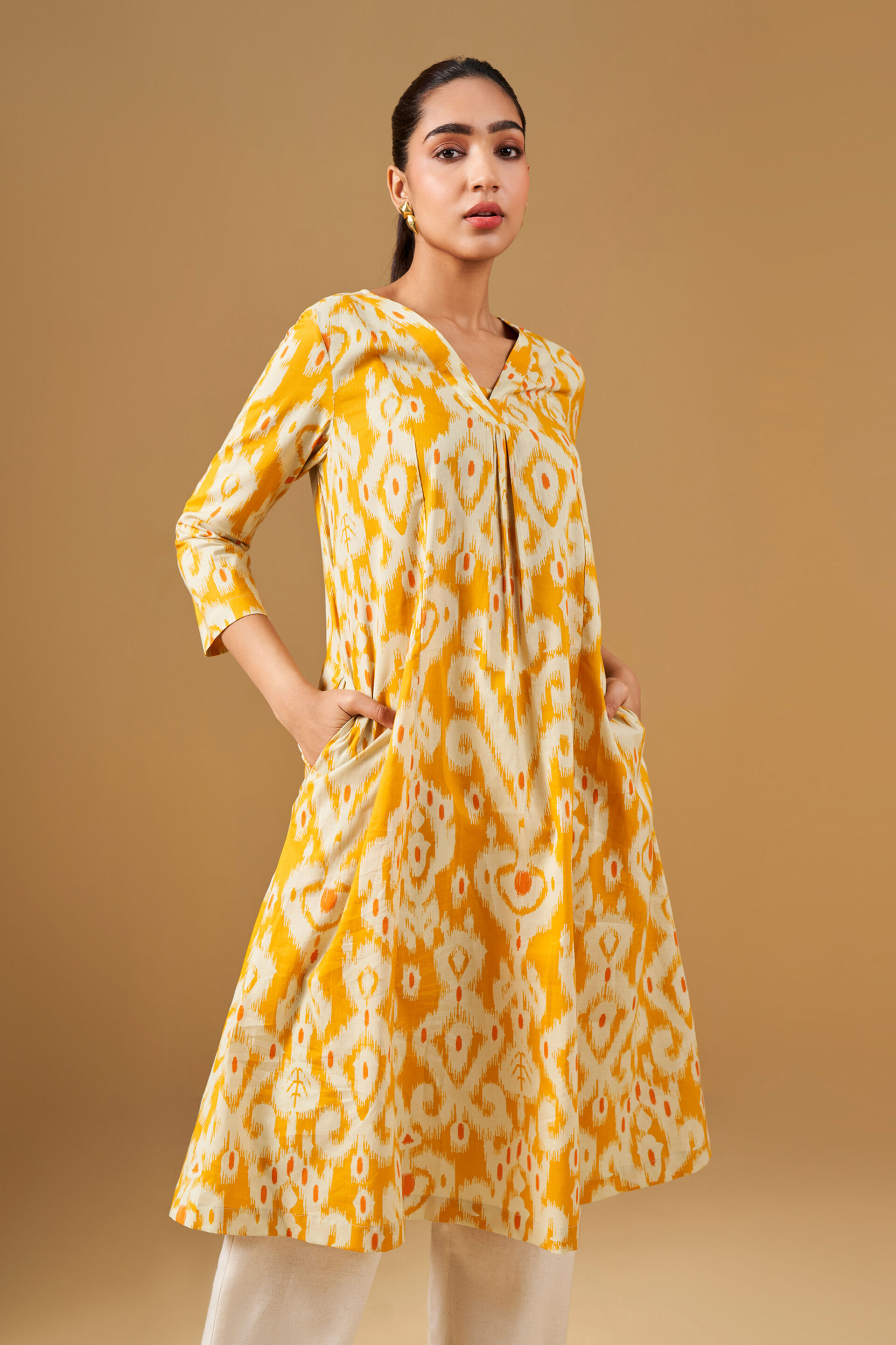 Ikat Print Cotton A-Line Yellow Kurta, Mustard, image 2