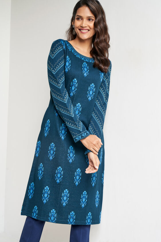 Blue Jacquard Straight Slip-On Kurta, Blue, image 1