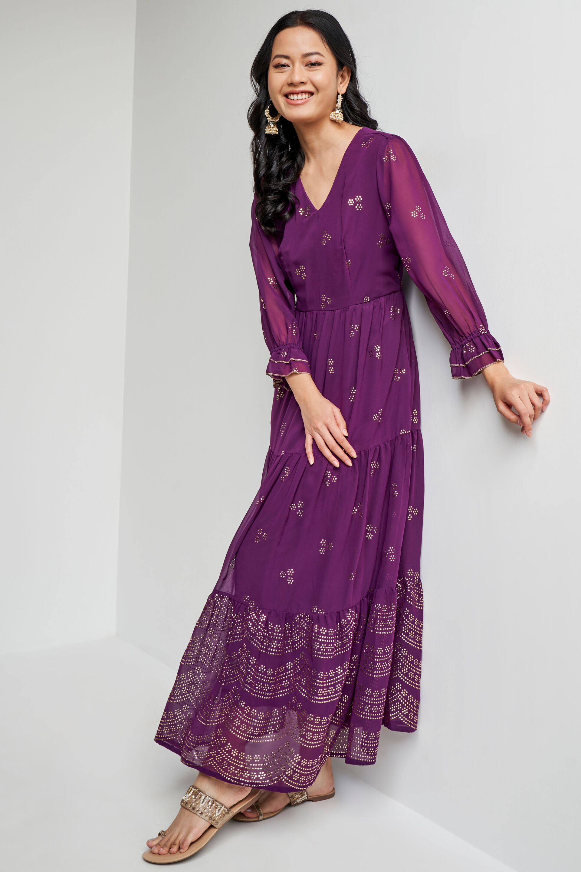 Purple Colour Faux Blooming With Coding Sequins Embroidered Work Gown