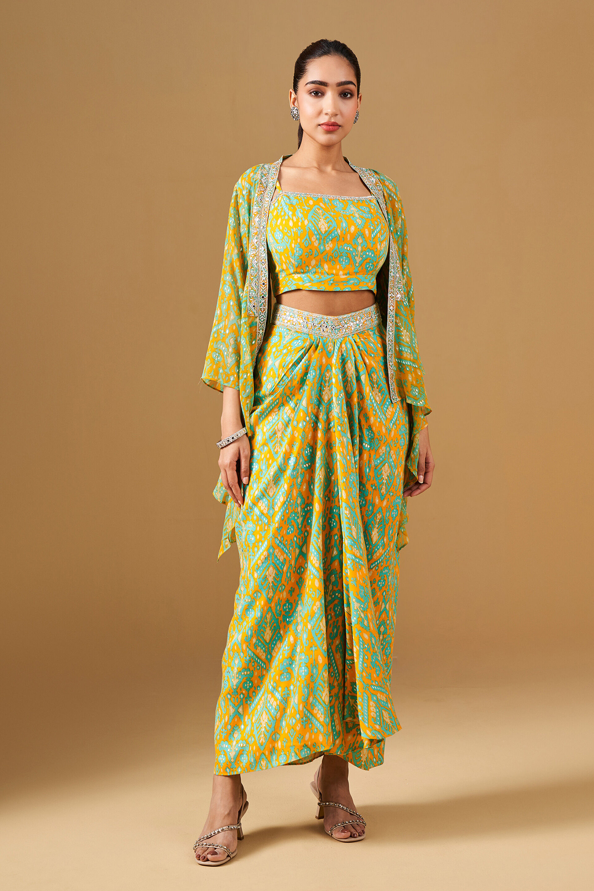 Ikat Inspired Asymmetrical Skirt Co-ord Set, Mustard, image 4