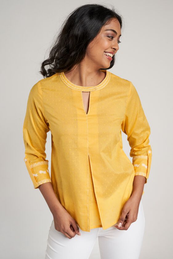 1 - Yellow Self Design Embroidered A-Line Top, image 1