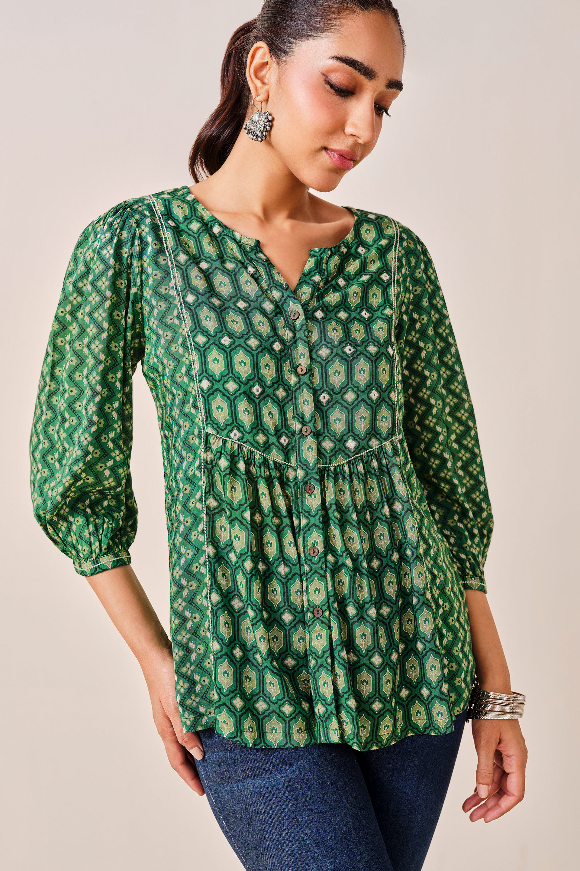 Green Floral Print Viscose Top, Green, image 4