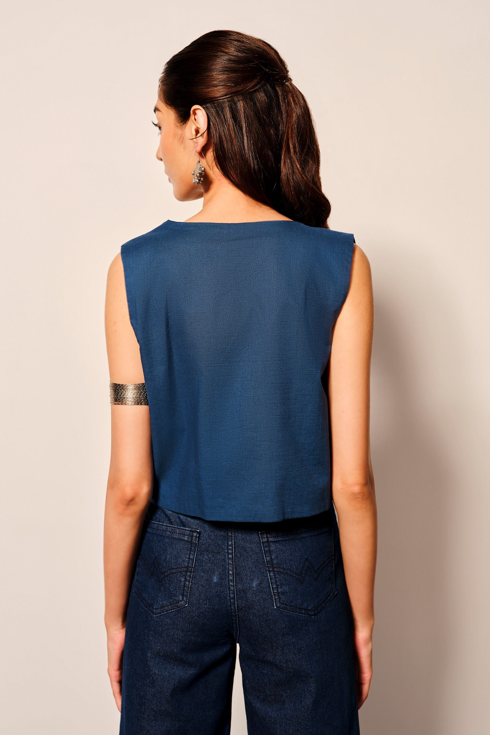 Indigo Blue Embroidered Cotton Vest, Navy Blue, image 6