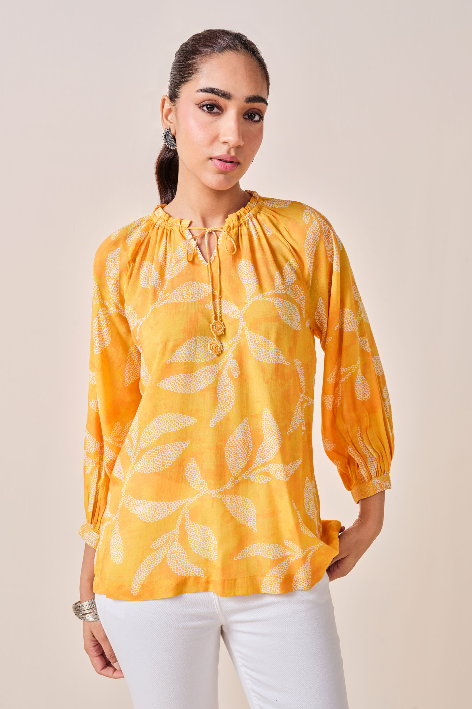 Mustard Leaf Print Viscose Top, Mustard, image 5