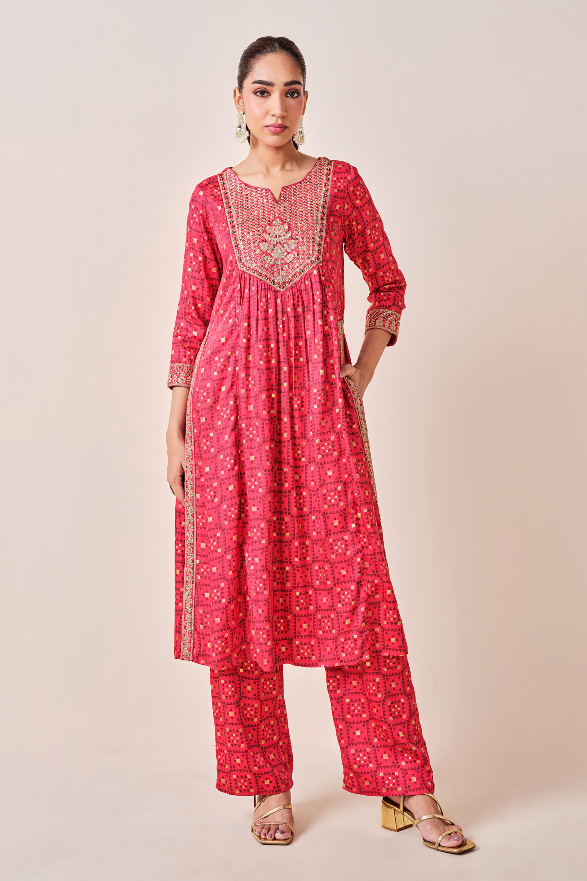 Red India-Inspired Print Viscose Kurta Set, Red, image 4
