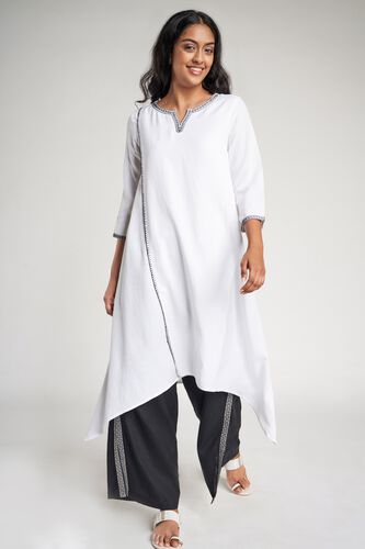 3 - White Solid Embroidered A-Line Kurta, image 3