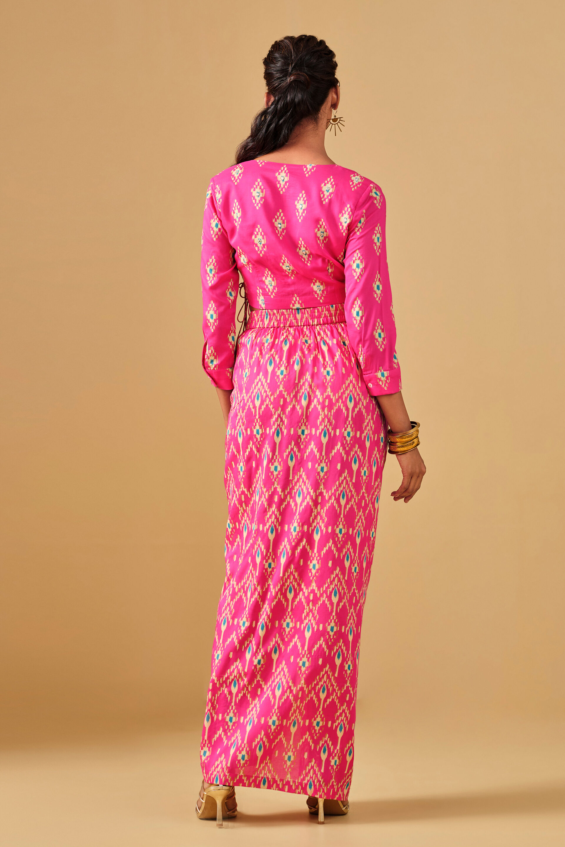 Ikat Inspired Pink Viscose Skirt Set, Pink, image 5