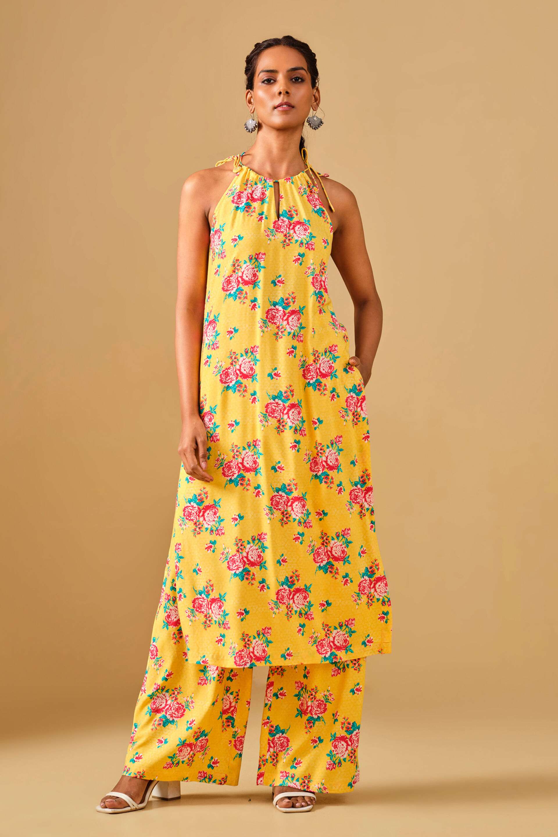 Floral Print Yellow Viscose Kurta Set, Mustard, image 2