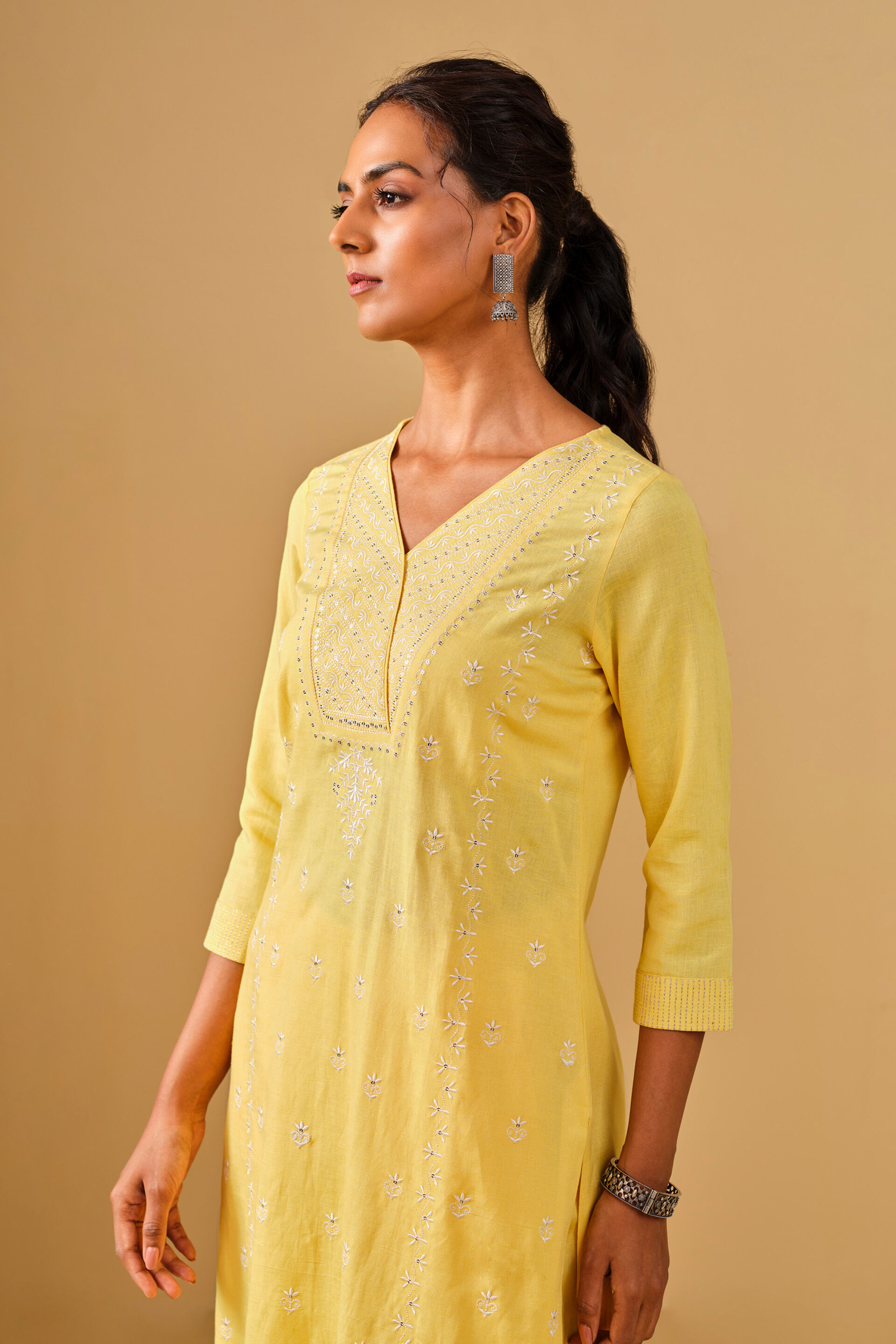 Bright Yellow Embroidered Kurta Set, Yellow, image 4